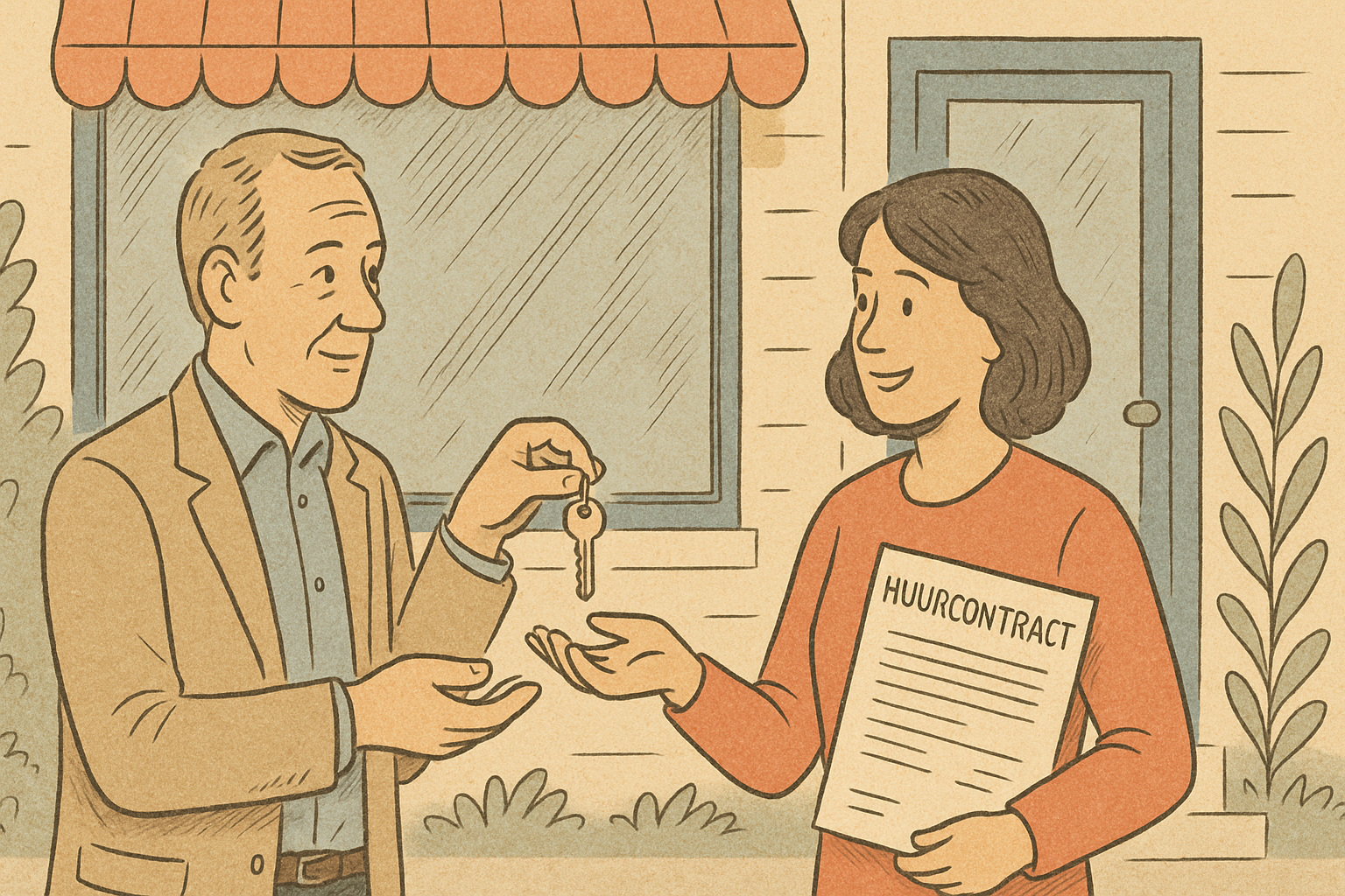 Handgetekende scène van verhuurder en huurster bij een winkelpand tijdens afsluiten van een handelshuur.