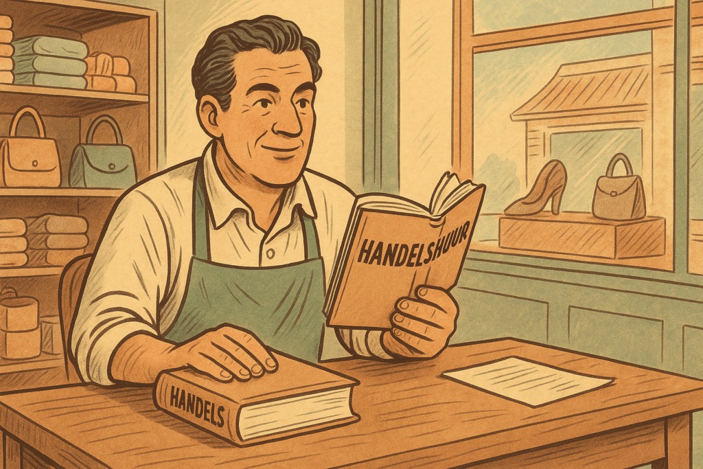 Retro illustratie van een handelaar die in zijn winkel het boek ‘Handelshuur’ raadpleegt, met een document op tafel, als verwijzing naar de wettelijke rechten en plichten bij handelshuur.