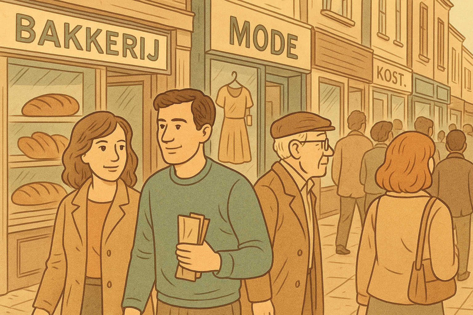 Retro illustratie van een drukke winkelstraat met voorbijgangers en handelszaken zoals een bakkerij en kledingwinkel, als sfeervolle verwijzing naar handelspanden waarvoor handelshuur geldt.