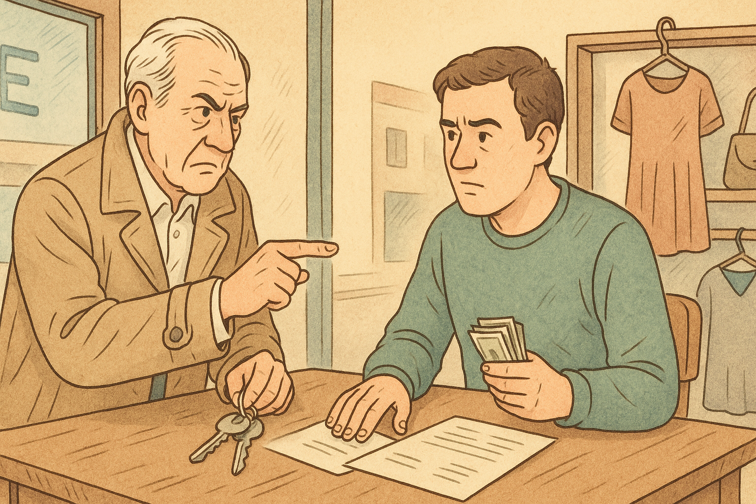 Retro illustratie van een conflict tussen verhuurder en huurder bij wanbetaling van handelshuur, met discussies over achterstallige huur, sleutels en onbetaalde documenten op tafel.