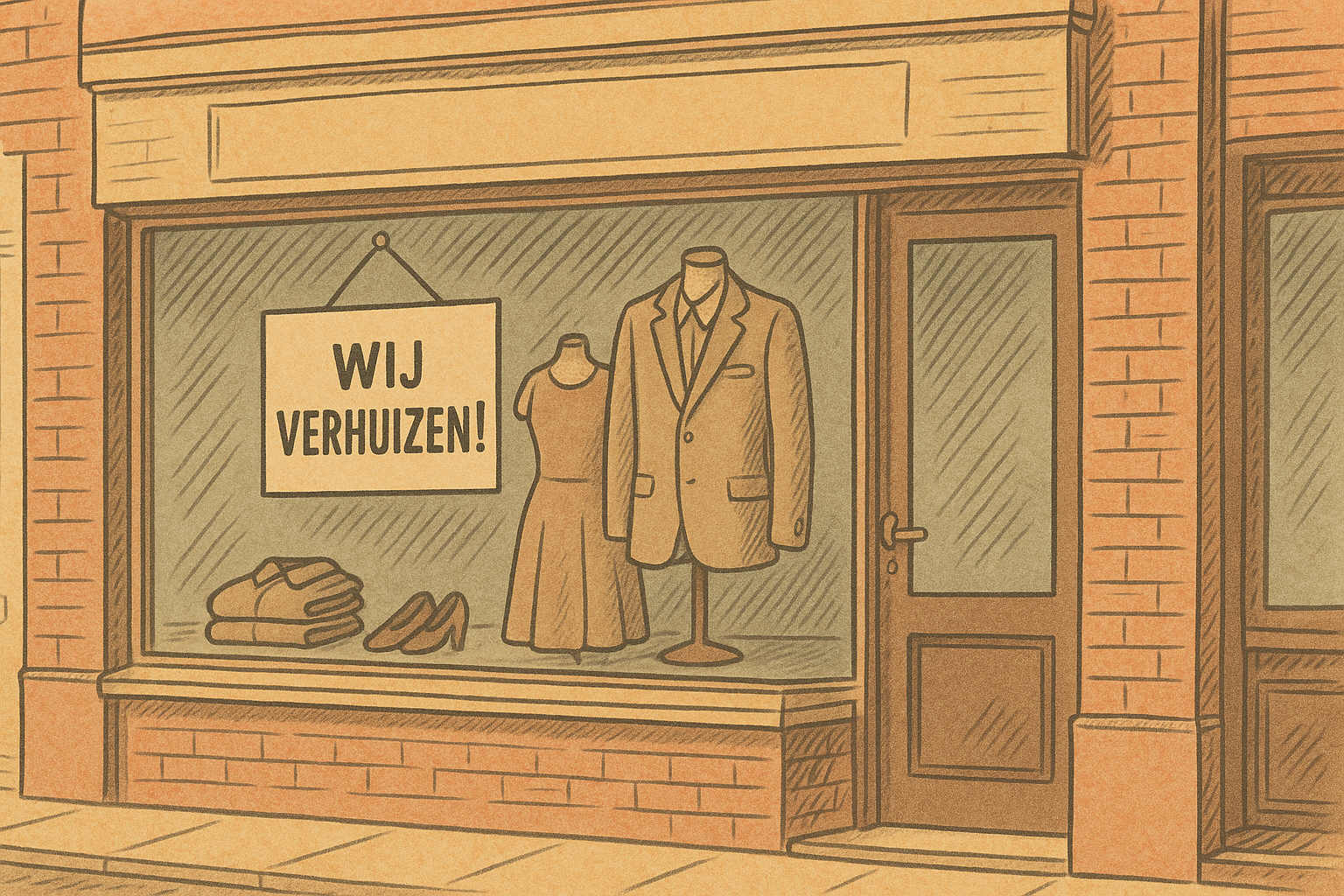 Retro handgetekende illustratie van een kledingwinkel met een etalage en een plakkaat “Wij verhuizen!”, als visuele verwijzing naar de opzegging van een handelshuur door de huurder. De storefront toont kleding op paspoppen en een gesloten winkeldeur, passend bij een artikel over wanneer en hoe een huurder de handelshuur kan beëindigen volgens de Handelshuurwet.